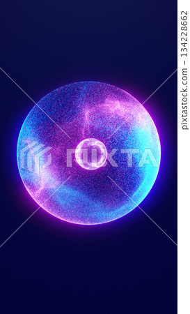 Vibrant glowing energy sphere with neon blue and pink particles forming a cosmic, futuristic orb on a dark background 134228662