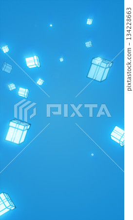 Abstract glowing cubes floating in a bright blue space, creating a futuristic and minimalist digital background 134228663