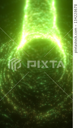 Bright glowing green particle stream forming a swirling energetic funnel in dark abstract space Bright glowing green particle stream forming a swirling energetic funnel in dark abstract space 134228678