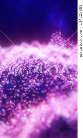 Abstract purple and pink glowing light particles forming a wave of shimmering cosmic energy 134228682