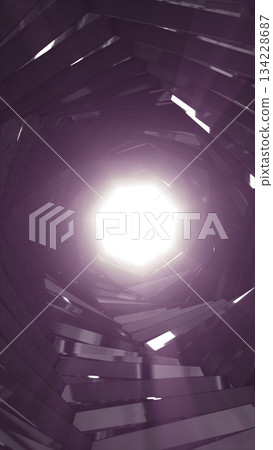 Abstract geometric tunnel with metallic panels leading toward a bright white light source at the center Abstract geometric tunnel with metallic panels leading toward a bright white light source at the center 134228687