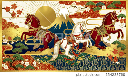 精美的駿馬插畫,獻給2026年馬年新年和新年賀卡設計 精美的駿馬插畫,獻給2026年馬年新年和新年賀卡設計 134228768