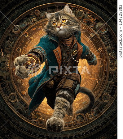 Steampunk Victorian time-traveler cat stepping out of a swirling gear-portal, elaborate coat, glowing clockwork device in paw, vast library of brass machinery and ancient scrolls behind Steampunk Victorian time-traveler cat stepping out of a swirling gear-portal, elaborate coat, glowing clockwork device in paw, vast library of brass machinery and ancient scrolls behind 134228882