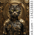 Steampunk Victorian female cat engineer, close-up portrait, leather jacket with polished brass plates, asymmetric clockwork shoulder pads 134228883
