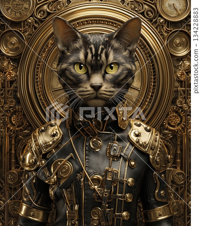 Steampunk Victorian female cat engineer, close-up portrait, leather jacket with polished brass plates, asymmetric clockwork shoulder pads Steampunk Victorian female cat engineer, close-up portrait, leather jacket with polished brass plates, asymmetric clockwork shoulder pads 134228883