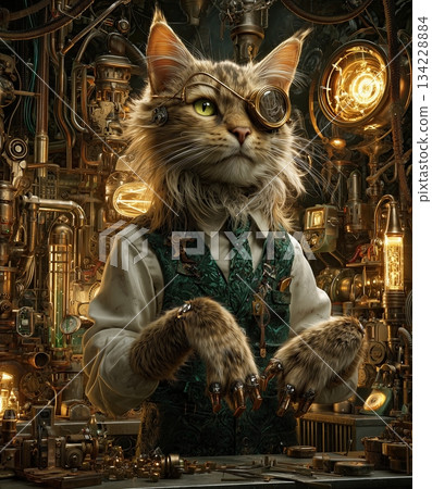 Steampunk Victorian cat inventor in a chaotic workshop full of gears, glowing tubes, steam pipes and mechanical contraptions 134228884