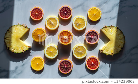 Arrangement of citrus and pineapple fruit on a marble surface in bright daylight for a food art display 134229002