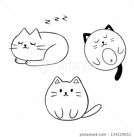 Drawings of cute funny cats with black lines. Fat sleepy cats. Drawings of cute funny cats with black lines. Fat sleepy cats. 134229052