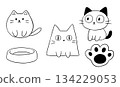 Drawings of cute funny cats in black line. With a cat paw and cat food. 134229053