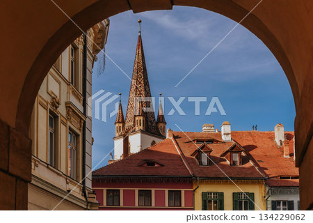 Cityscape with Sibiu Symbols and Tourist Attractions Cityscape with Sibiu Symbols and Tourist Attractions 134229062