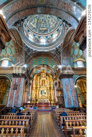 Interior of Church of El Sagrario with frescoes and altar in Quito, Ecuador 134229106