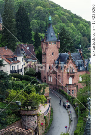 Scenic small castle lush hillside Heidelberg surrounds charming historic buildings winding road lead past ornate brick tower. Fresh greenery light peaceful atmosphere overlooking scene valley town 134229266