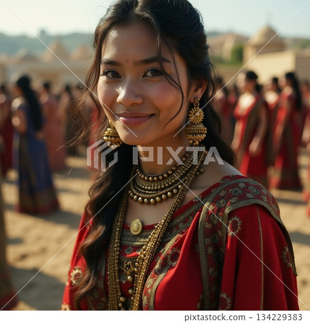 AI generated Cheerful woman dressed in red with gold necklaces during outdoor celebration 134229383