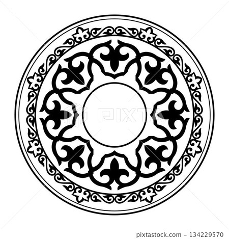 Traditional round Turkic ornament. Black and white round frame. Oriental black round pattern with arabesques. For ceramic, porcelain, embroidery, sandblasting, laser. Islam, Indian, Ottoman motif. Traditional round Turkic ornament. Black and white round frame. Oriental black round pattern with arabesques. For ceramic, porcelain, embroidery, sandblasting, laser. Islam, Indian, Ottoman motif. 134229570
