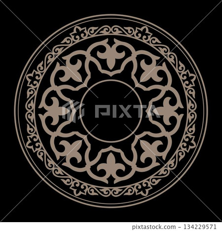 Traditional gold round Turkic ornament. Round frame. Oriental round pattern with arabesques. For ceramic, porcelain, embroidery, sandblasting, laser. Islam, Indian, Ottoman motif. Vector illustration Traditional gold round Turkic ornament. Round frame. Oriental round pattern with arabesques. For ceramic, porcelain, embroidery, sandblasting, laser. Islam, Indian, Ottoman motif. Vector illustration 134229571
