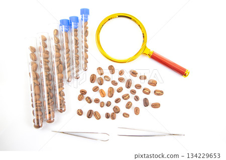 Food Science and Coffee Testing A professional analysis setup with coffee beans Food Science and Coffee Testing A professional analysis setup with coffee beans 134229653