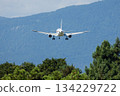 Passenger airplane landing with landing gear against the backdrop of mountains 134229722