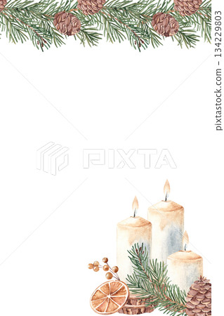 Winter, Christmas square vertical Frame, Border. Fir, pine branches and cones, candles and dried orange slices. Hand drawn Botanical cozy home illustration in Rustic style. Perfect as Card or Poster Winter, Christmas square vertical Frame, Border. Fir, pine branches and cones, candles and dried orange slices. Hand drawn Botanical cozy home illustration in Rustic style. Perfect as Card or Poster 134229803