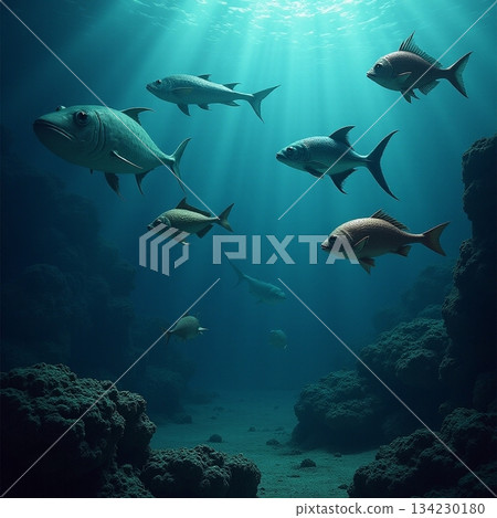 AI generated Quiet canyon showcases migrating fish beneath gentle sunlight and silhouettes 134230180