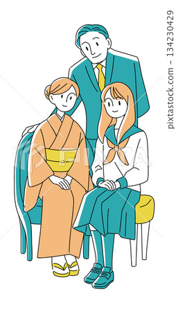 身著和服和校服的日本家庭插圖 | 日本服飾,全家福,三口之家 身著和服和校服的日本家庭插圖 | 日本服飾,全家福,三口之家 134230429