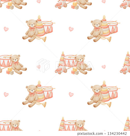 Seamless pattern with vintage teddy bear, drum and trumpet, hand drawn watercolor pastel illustrations isolated on white background 134230442