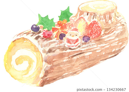 Watercolor illustration of a Buche de Noel Watercolor illustration of a Buche de Noel 134230667