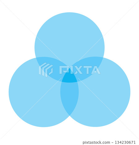 Elegant blue venn diagram with three overlapping circle sections creating a soft clover shape vector infographic for data balance intersection chart design  134230671