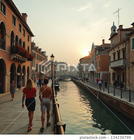 AI generated Unhurried amble beside peaceful water as evening sun sets beautifully in sky 134230799