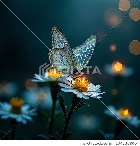 Butterfly resting on flowers at dusk in a garden Generative AI Butterfly resting on flowers at dusk in a garden Generative AI 134230800