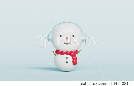 Cute Snowman Character with Earmuffs and Red Scarf. 3D Rendering 134230813