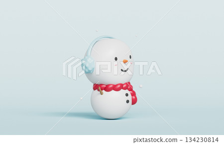 Cute Snowman Character with Earmuffs and Red Scarf. 3D Rendering 134230814