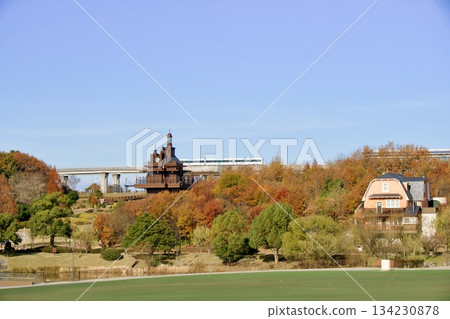 Ghibli Park's elevator tower and Linimo train: a refreshing autumn scene 134230878