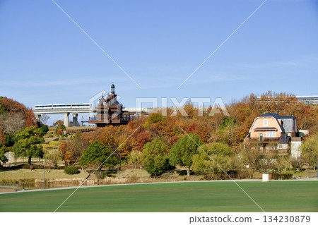 Ghibli Park's elevator tower and Linimo train: a refreshing autumn scene Ghibli Park's elevator tower and Linimo train: a refreshing autumn scene 134230879