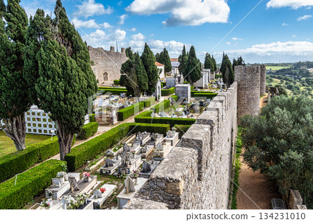 Santiago do Cacem, Portugal - Feb 26, 2025: Castle and Igreja Matriz cemetery in Santiago do Cacem, Alentejo, Portugal 134231010