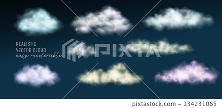 Set of Vector Realistic Cloud, Smoke or Fog. Fluffy Cloudscape. Overlay Transparent Cloud. 134231065