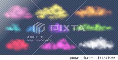 Set of Vector Realistic Cloud, Smoke or Fog. Fluffy Cloudscape. Color Overlay Transparent Cloud. Easy Recolorable Design Element. 134231066