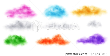 Set of Vector Realistic Cloud, Smoke or Fog. Fluffy Cloudscape. Color Overlay Transparent Cloud. Easy Recolorable Design Element. Transparent BG Set of Vector Realistic Cloud, Smoke or Fog. Fluffy Cloudscape. Color Overlay Transparent Cloud. Easy Recolorable Design Element. Transparent BG 134231068