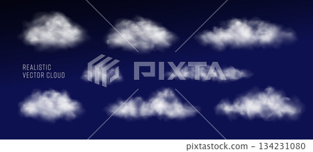 Set of Vector Realistic Cloud, Smoke or Fog. Fluffy Cloudscape. Overlay Transparent Cloud. 134231080