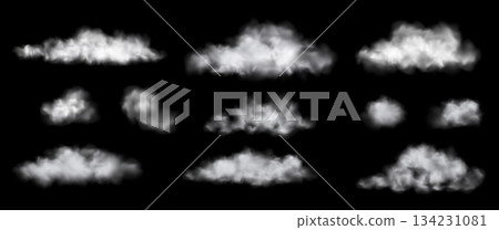 Set of Vector Realistic Cloud, Smoke or Fog. Fluffy Cloudscape. Overlay Transparent Cloud. 134231081