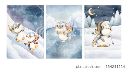 Cute Penguins Winter Fun Sports Postcard Set. Watercolor hand drawn illustration isolated on white background for winter design Christmas card baby nursery poster kids holiday print fairy tale book 134231214