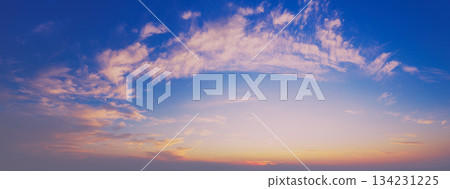 Colorful cloudy sky at sunset. Gradient color. Sky texture. Abstract nature background. Horizontal banner 134231225