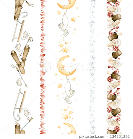 Cute Winter Fun Sports Sweets Hearts Snowflakes Seamless Borders Set. Watercolor hand drawn illustration isolated on white background for kids design Christmas or Valentine holiday baby nursery print 134231291