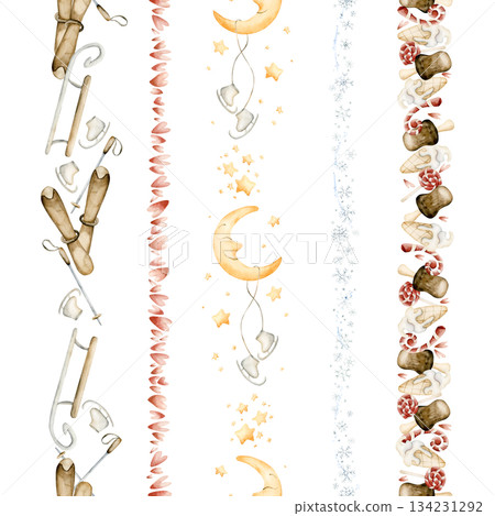 Cute Winter Fun Sports Sweets Hearts Snowflakes Seamless Borders Set. Watercolor hand drawn illustration isolated on white background for kids design Christmas or Valentine holiday baby nursery print Cute Winter Fun Sports Sweets Hearts Snowflakes Seamless Borders Set. Watercolor hand drawn illustration isolated on white background for kids design Christmas or Valentine holiday baby nursery print 134231292
