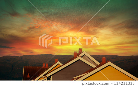 Silhouette of the roofs of wooden houses against a beautiful dramatic sunset sky. Typical architecture of Scandinavian countries. Row of wooden houses. Norway Silhouette of the roofs of wooden houses against a beautiful dramatic sunset sky. Typical architecture of Scandinavian countries. Row of wooden houses. Norway 134231333