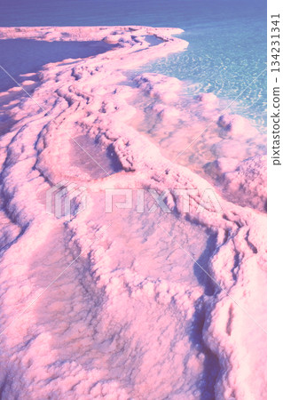 Texture of the Dead Sea in the pink light of the sunrise. Salty seashore. Abstract nature background 134231341