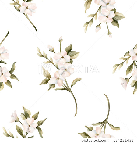White small flowers with leaves seamless pattern. Jasmine, orange, apple blossom. Watercolor hand painted floral isolated illustration for wedding design home textile cosmetic package wrapping paper White small flowers with leaves seamless pattern. Jasmine, orange, apple blossom. Watercolor hand painted floral isolated illustration for wedding design home textile cosmetic package wrapping paper 134231455