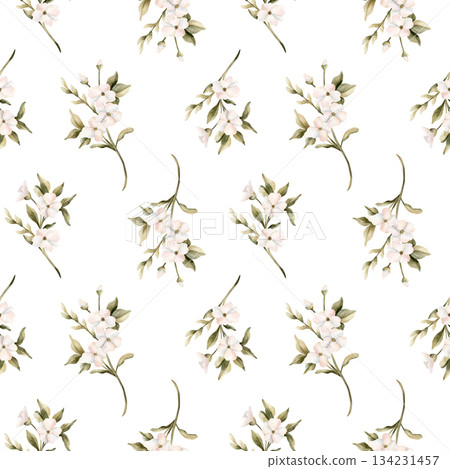 White small flowers with leaves seamless pattern. Jasmine, orange, apple blossom. Watercolor hand painted floral isolated illustration for wedding design home textile cosmetic package wrapping paper 134231457