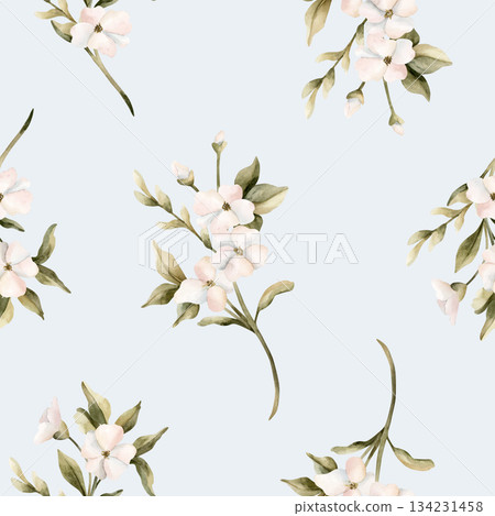 White small flowers with leaves seamless pattern. Jasmine, orange, apple blossom. Watercolor hand painted floral isolated illustration for wedding design home textile cosmetic package wrapping paper 134231458