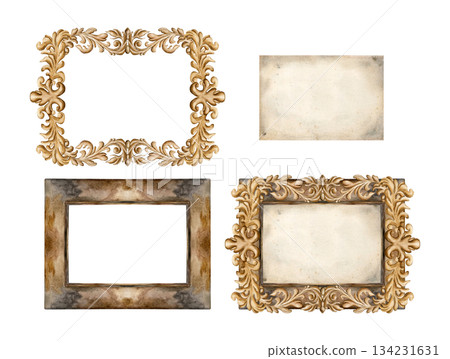 Old vintage frames, paper sheets and golden decorative ornaments in Victorian style. Set of design elements. Watercolor hand painted isolated illustration for wedding design, greeting card, invitation Old vintage frames, paper sheets and golden decorative ornaments in Victorian style. Set of design elements. Watercolor hand painted isolated illustration for wedding design, greeting card, invitation 134231631