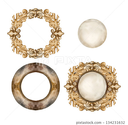 Old vintage frames, paper sheets and golden decorative ornaments in Victorian style. Set of design elements. Watercolor hand painted isolated illustration for wedding design, greeting card, invitation Old vintage frames, paper sheets and golden decorative ornaments in Victorian style. Set of design elements. Watercolor hand painted isolated illustration for wedding design, greeting card, invitation 134231632